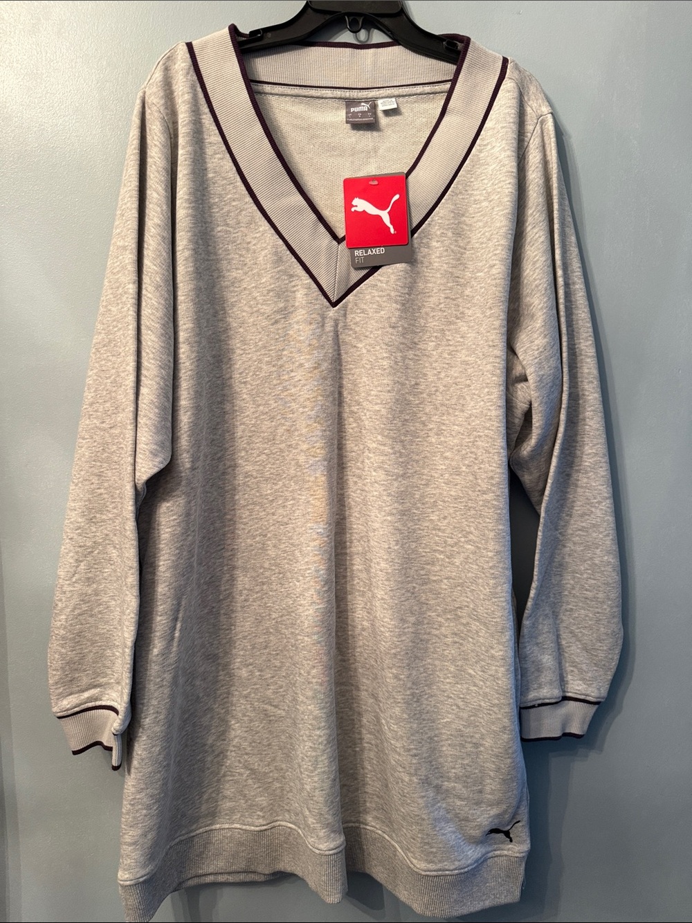 Puma Women’s Light Gray Long Sleeve V‑Neck Dress with wine Trim
